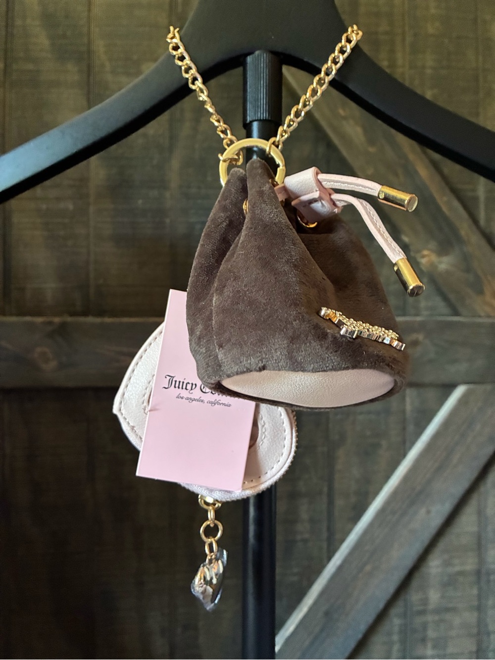 Juicy Couture Brown Suede Mini Drawstring Bag Charm with Pink Leather Accents